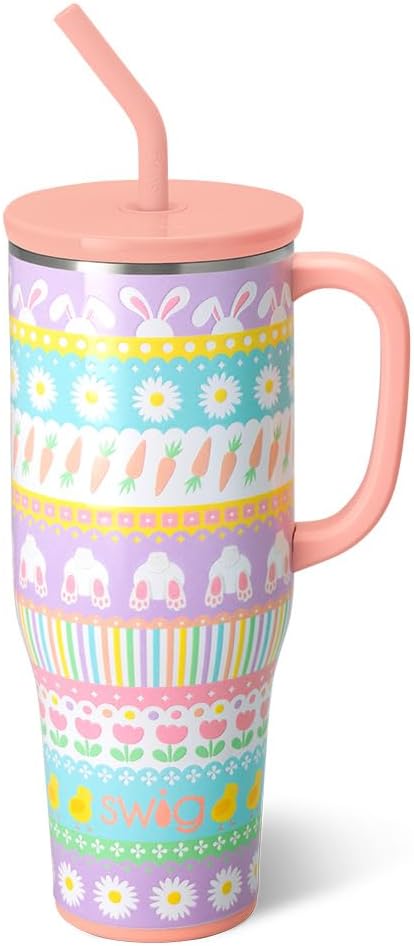 Swig Life 40oz Mega Mug, 40 oz Tumbler with Handle and Straw, Cup Holder Friendly, Dishwasher Safe, Extra Large Insulated Tumbler, Easter Basket Stuffers, Easter Gifts for Women (Bunny Trail)