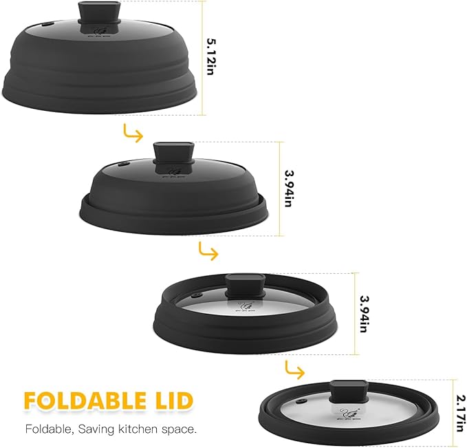 Microwave Splatter Cover Glass Splatter Guard Lid with Collapsible Silicone for Food Pot Plate Cover 11.8 inch Black