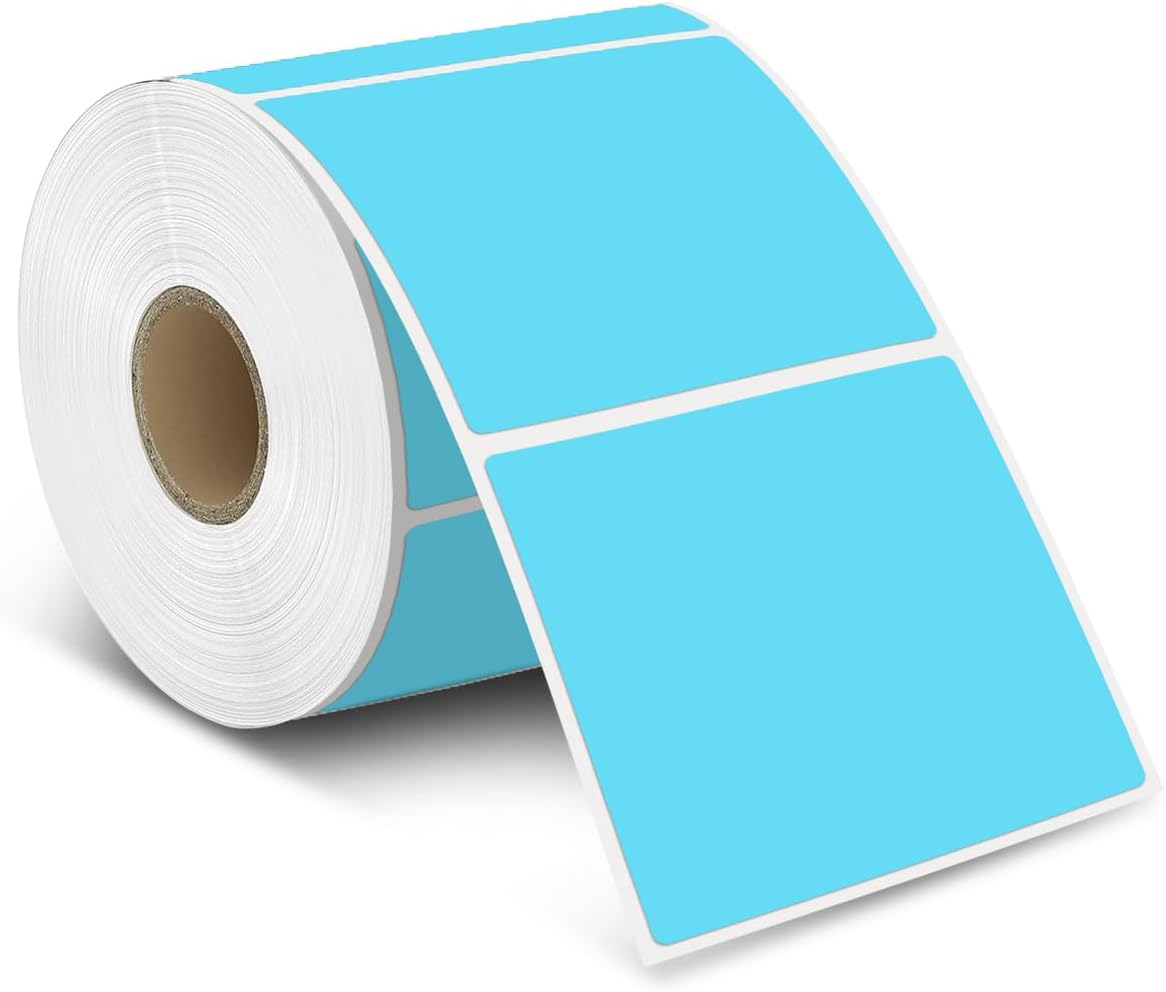 iEager Blue Square Thermal Label Stickers, 3" x 3" Self-Adhesive Square Direct Thermal Labels with Perforation Line, 500 Sheets/Roll