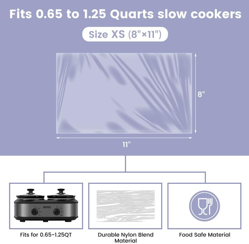 KOOC Slow Cooker Liners 8"x11" 10 Count Mini Size Disposable Pot Liners Cooking Bags Fit 0.65 qt to 1.25 qt Pot BPA Free Fresh Locking Seal Design