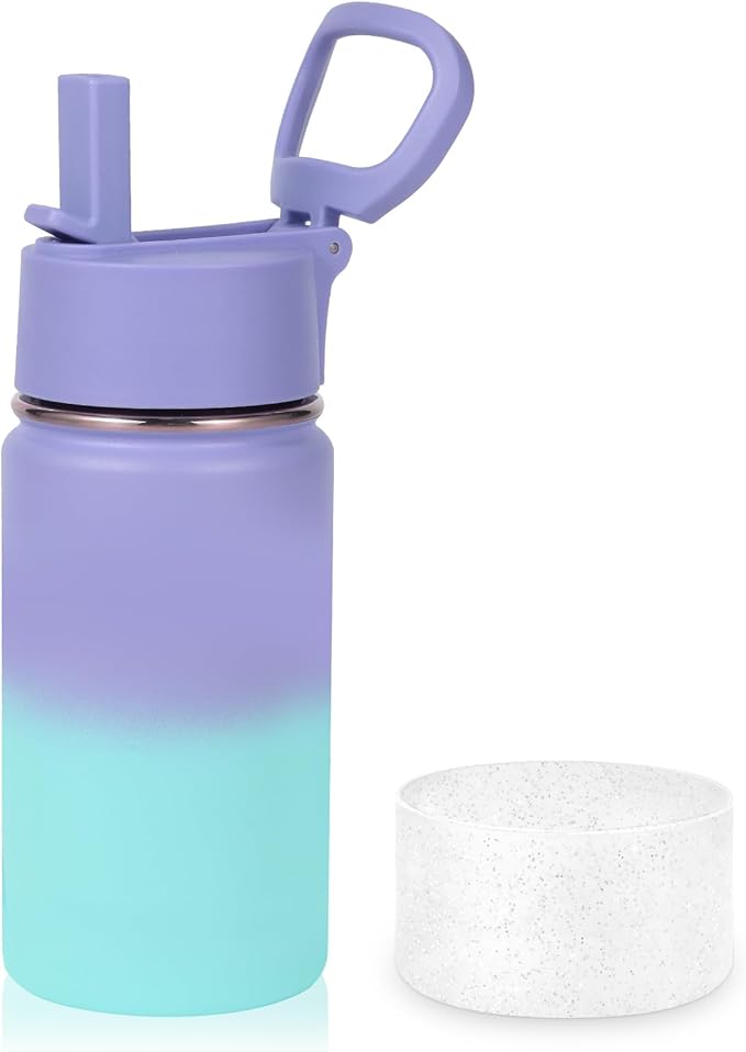 Volhoply 14oz KIds Stainless Steel Insulated Leakproof Bottles Water Bottle with Straw Lid and Silicone Boot,BPA-Free Easy Use for Boys&Girls,Double Wall Vacuum Bottles(Purple Blue,1)