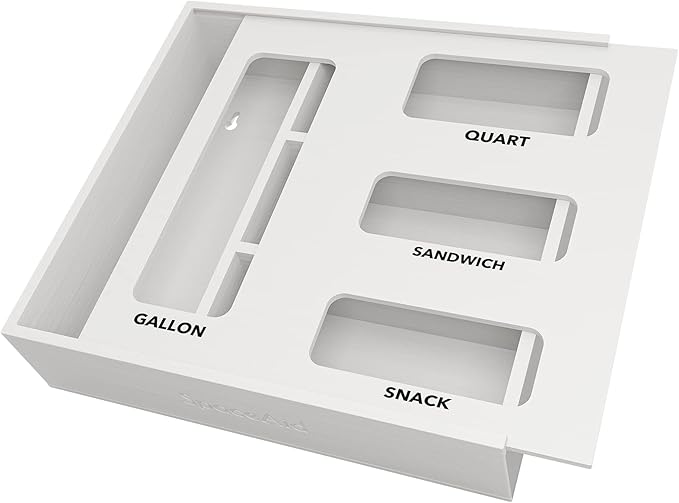 SpaceAid Bag Storage Organizer for Kitchen Drawer, Bamboo Organizer, Compatible with Gallon, Quart, Sandwich and Snack Variety Size Bag (1 Box 4 Slots), White