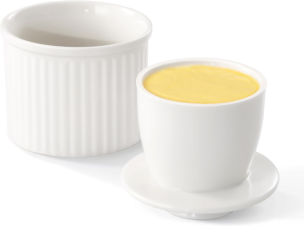 Large Butter Crock Bell for Counter with Water Line, Butter Keeper, Ceramic French Butter Dish Holder for Fresh Spreadable Soft Butter (White, 8 Ounce)