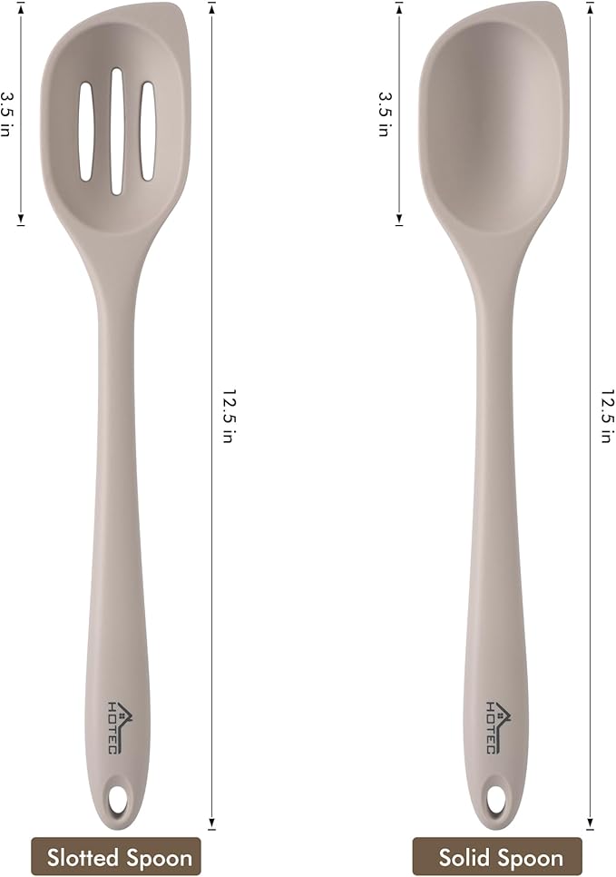 HOTEC Heat Resistant Silicone Cooking Spoon Spatula, Large Kitchen Solid and Slotted Spoons for Mixing, Serving, Scraping, Non-stick, Dishwasher Safe Khaki 12.5inch