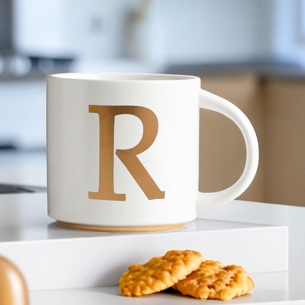 COLLECTIVE HOME - Monogram Ceramic Mugs, 15 oz Golden Initial Coffee Cups, Elegant Alphabet Tea Mugs, Elegant Personalized Mug with Gift Box, Unique Mug with Double Side Capital Letter (R)