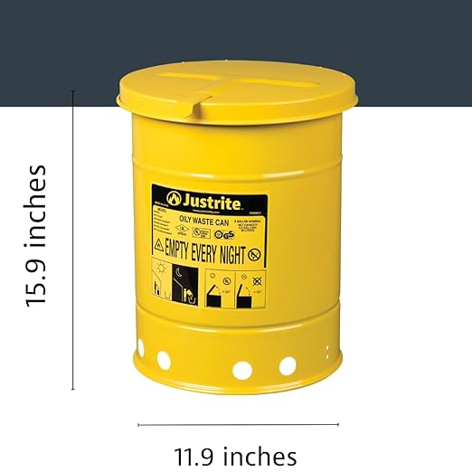 Justrite 6 Gallon Galvanized Steel Oily Waste Can, 16" x 12" Metal Oil Rag Safety Can with Hand Operated Self-Closing Lid for Oil Rag Disposal, Made in The USA, Yellow, 09111