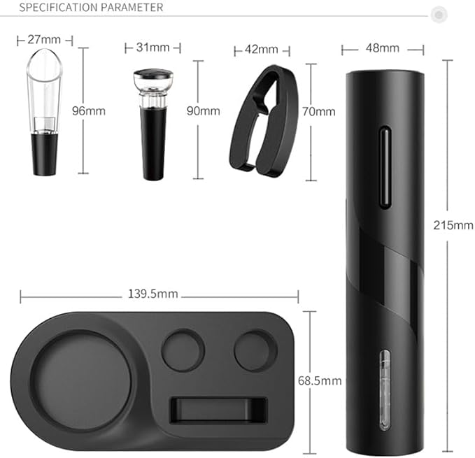 Electric Wine Bottle Opener Rechargeable Wine Corkscrew Opener Gift Set with Foil Cutter, Wine Aerator Pourer and Vacuum Wine StopperIdeal Present for Party, and Home Entertaining.(BLACK)