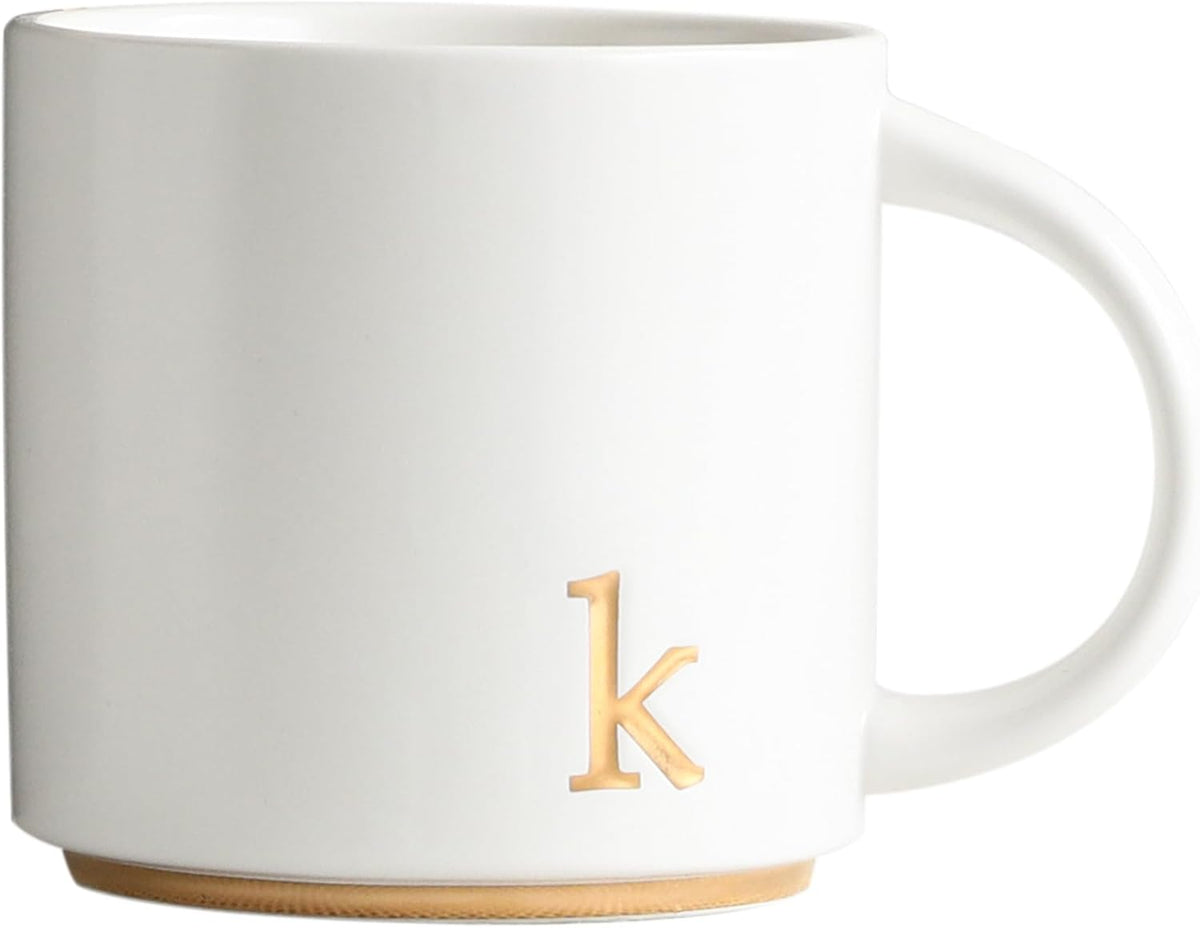 COLLECTIVE HOME - Monogram Ceramic Mugs, 15 oz Golden Initial Coffee Cups, Elegant Alphabet Tea Mugs, Elegant Personalized Mug with Gift Box, Luxurious Cups for Office and Home (k)