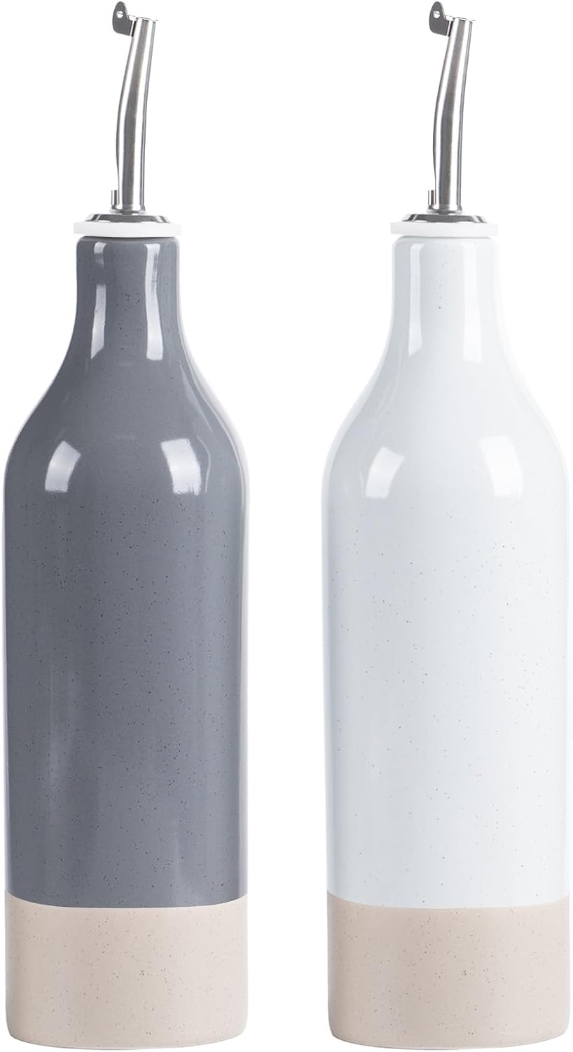 famiware Milkyway 16oz Ceramic Olive Oil Dispenser Bottle, Olive Oil and Vinegar Dispenser Bottle Set of 2 with Stainless Steel Pourers, Suitable for Storage Vinegar, Liquids, Light Gray and Dark Gray