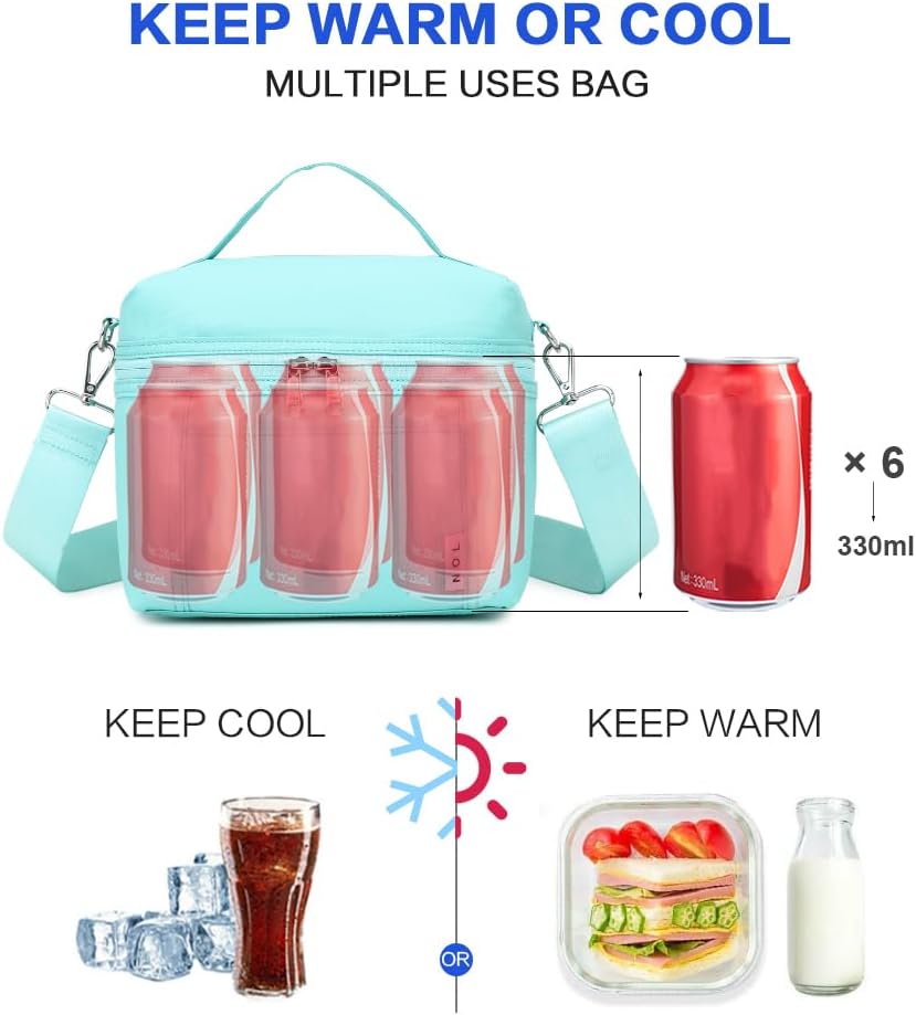 NOL Natural Organic Lifestyle Insulated Lunch Bags for Women Cooler Bag Lightweight Nylon Waterproof Lunch Box For Work（Small, Cyan