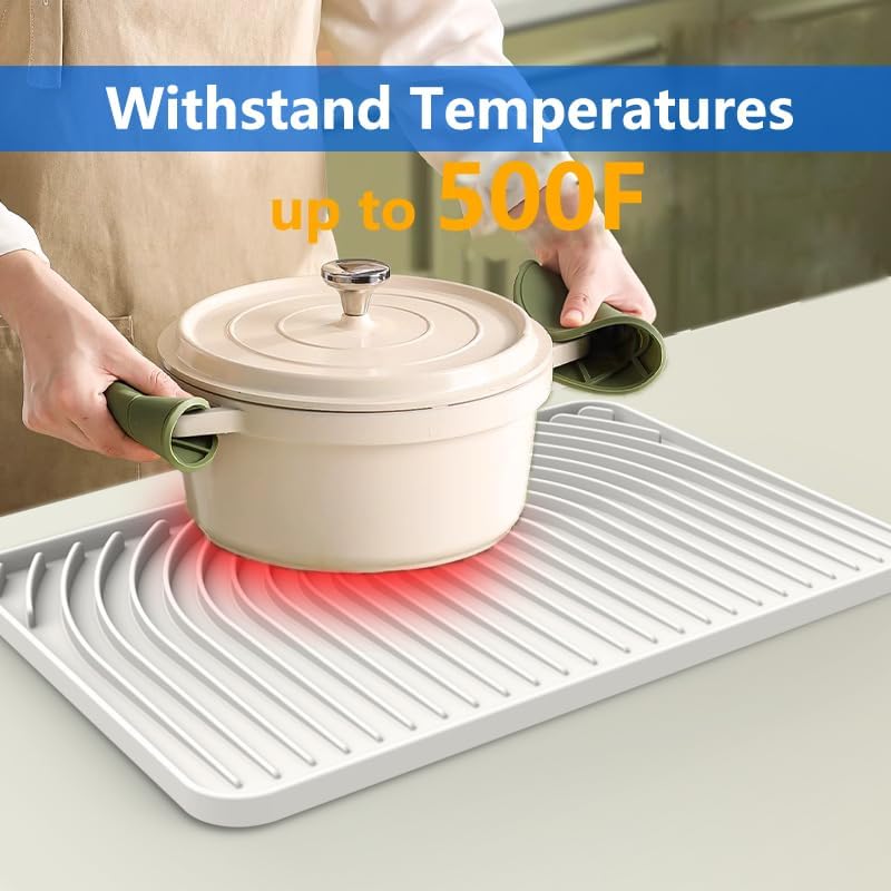 Dish Drying Matt for Kitchen Counter,18"×12"Silicone Dry Rack Mat with Built in Drain, Kitchen Dry Mats for Dishes Drying Pad for Counter(White)