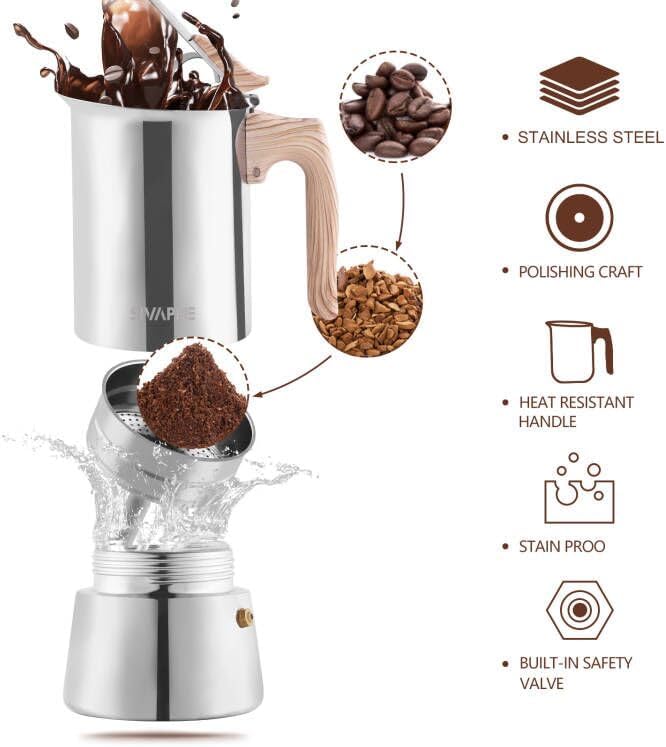 Sivaphe Stovetop Espresso Maker Stainless Steel 9 Cups, Induction-Capable Mocha Pot 450ml, Coffee Percolator with Replacement Silicone Gasket Steel Filter and Instructions (1 Cup=50ml)