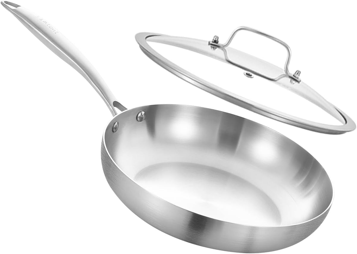 Inqibee 8 Inch Tri-Ply Stainless Steel Frying Pan with Lid,Omelet Pan,Egg Pan,Skillet,Induction Cooking Pan,Dishwasher and Oven Safe