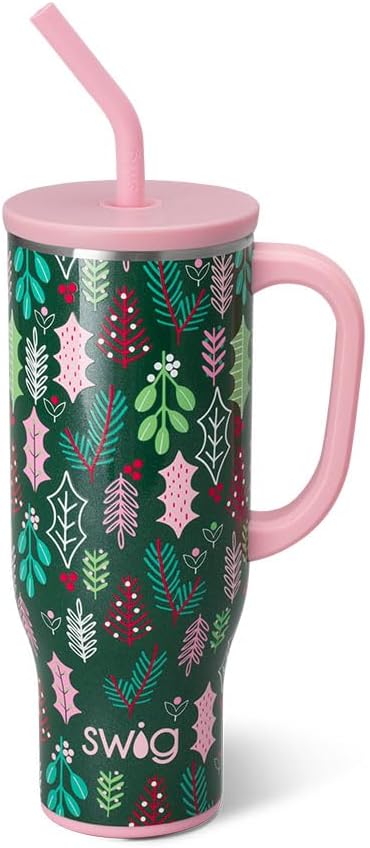 Swig Life 30oz Mega Mug, 30oz Tumbler with Handle and Straw, Large Insulated Tumblers, Cup Holder Friendly Travel Mug, Stainless Steel 30 oz Tumbler, Reusable Insulated Water Bottle (Merry Mistletoe)
