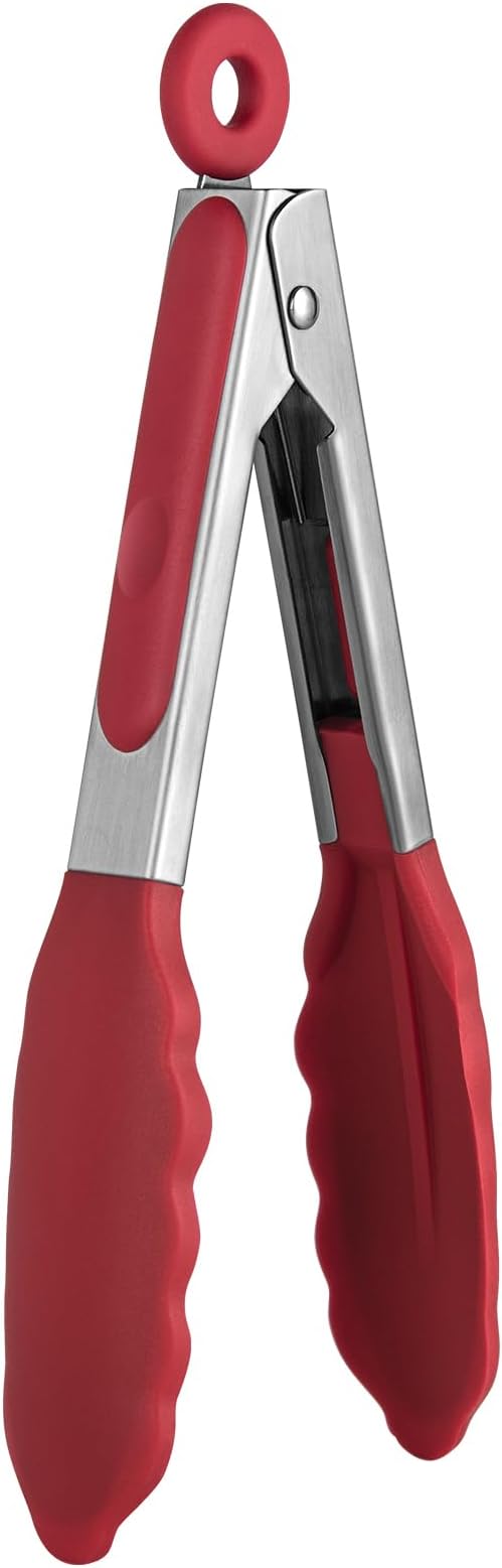 480ºF Heat Resistant Kitchen Tong: U-Taste 7 inch Silicone Cooking Tong with Firm Sealed Non Stick Rubber Tips & Silicon Coated 18/8 Stainless Steel Handle & Smooth Locking for Serving Salad (Red)
