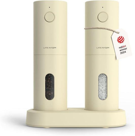 LARS NYSØM Electric Salt and Pepper Grinder Set, USB Rechargeable, Automatic Salt and Pepper Mills, Spice Shakers Refillable with LED Light, Adjustable Coarseness, Ceramic Grinder (Almond Beige)