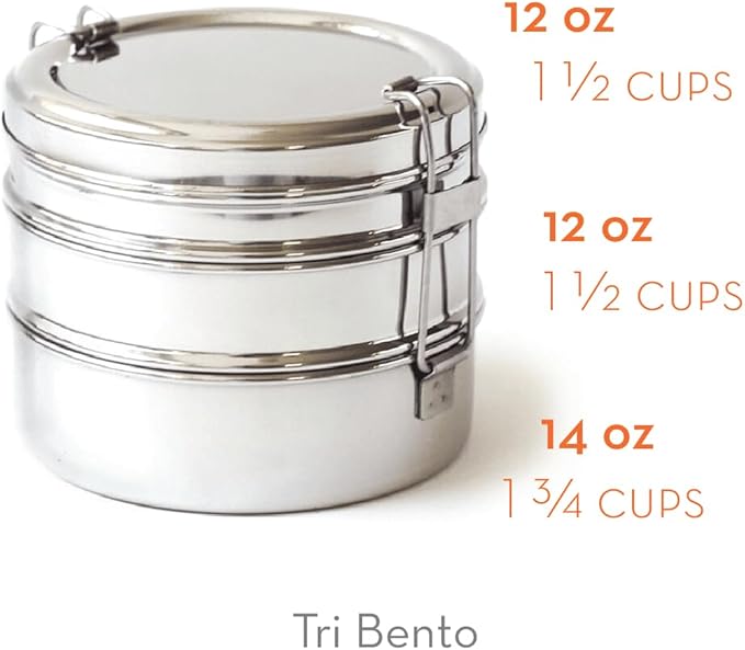 ECOlunchbox Tri Bento 3-Tier Stainless Steel Lunch Box | 4.5 Cups (36 oz) Capacity | 5.25 x 5.25 x 4 inches (13.5 x 13.5 x 10 cm) | Perfect for Meal Prep, Snacks & Portion Control | Durable, BPA Free