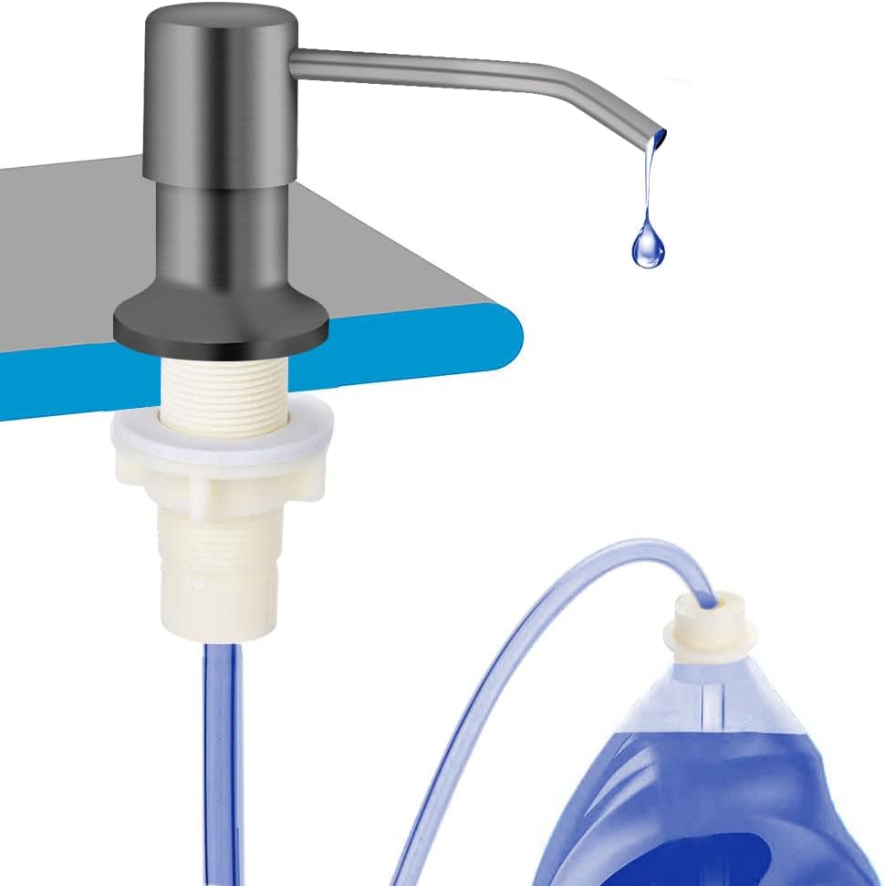 Dish Soap Dispenser for Kitchen Sink, Countertop Sink Soap Dispenser Water Pump with 47” No-Spill Extension Tube Kit Design for Kitchen Bathroom, No More Refills （Gray）