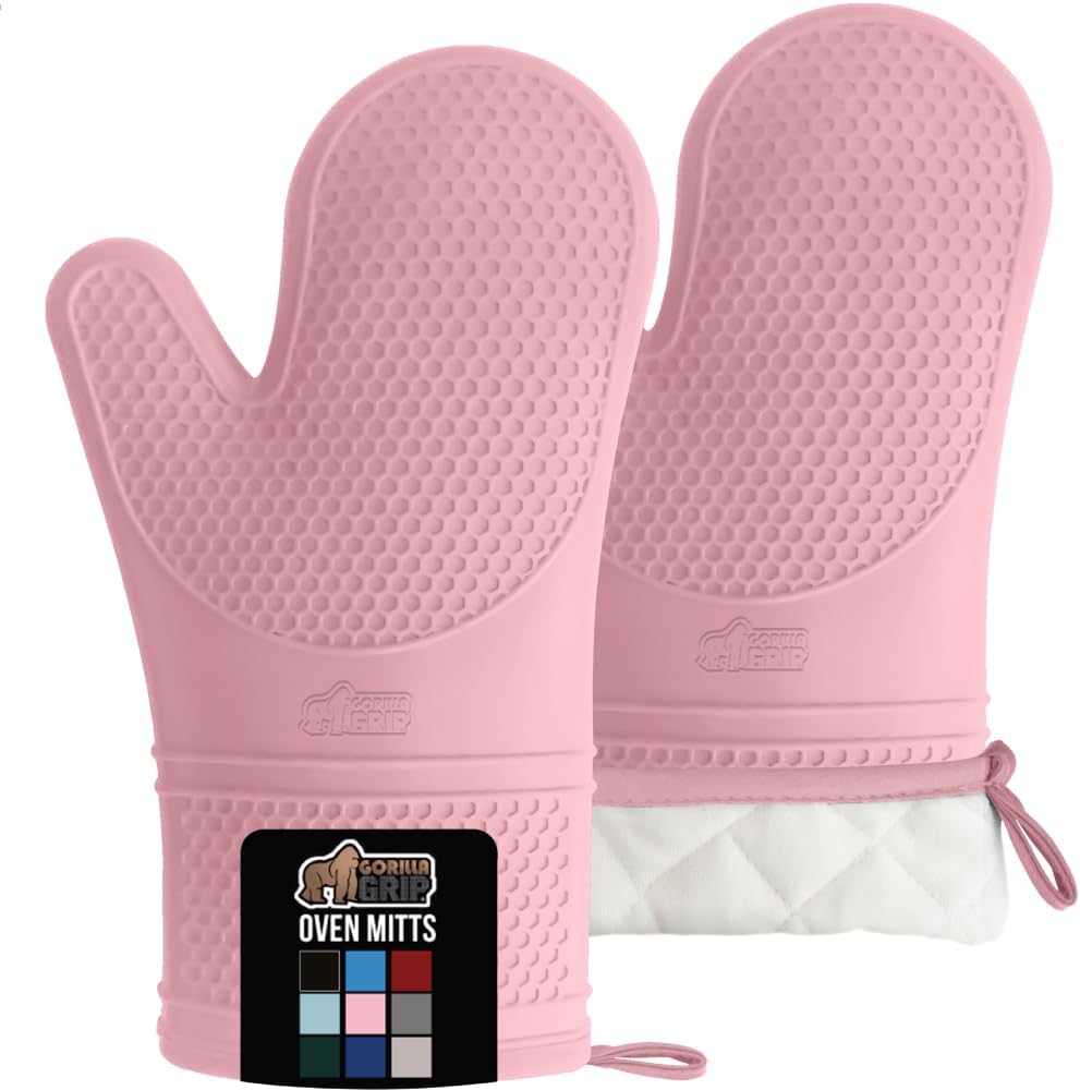 GORILLA GRIP BPA-Free Soft Silicone Oven Mitts, Heat Resistant and Waterproof Cooking Gloves, Thick Cotton Lining, Flexible Gripping for Baking Grilling, Kitchen Potholders Set of 2, 12.5x8.3, Pink