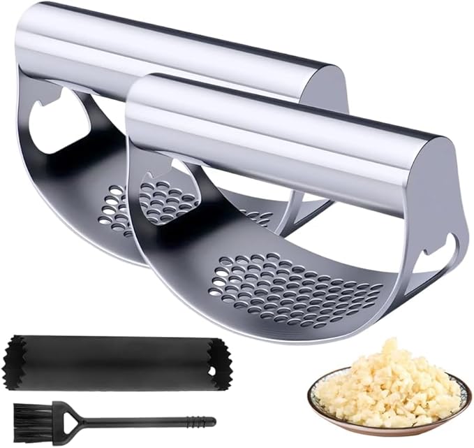 Stainless Steel Garlic Press, 2026 Upgrade Garlic Press Rocker Heavy Duty Stainless Steel Garlic Mincer, Heavy Garlic Chopper with Peeler And Cleaning Brush (2PCS With Corkscrew)