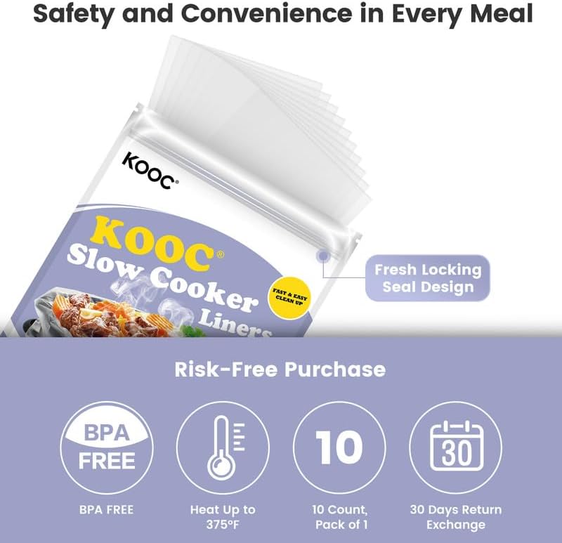 KOOC Slow Cooker Liners 8"x11" 10 Count Mini Size Disposable Pot Liners Cooking Bags Fit 0.65 qt to 1.25 qt Pot BPA Free Fresh Locking Seal Design
