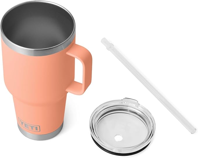 YETI Rambler 35 oz Tumbler with Handle and Straw Lid, Travel Mug Water Tumbler, Vacuum Insulated Cup with Handle, Stainless Steel, Lowcountry Peach