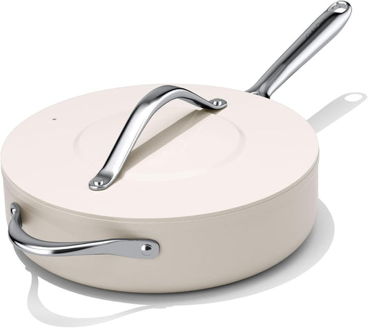 Nonstick Ceramic Sauté Pan with Lid (4.5 qt, 11"), Deep Frying Pan for All Cooktops - Non Toxic, PTFE/PFOA/PFAS Free, Dishwasher & Oven Safe up to 500°F - with Stay Cool Handle - Cream