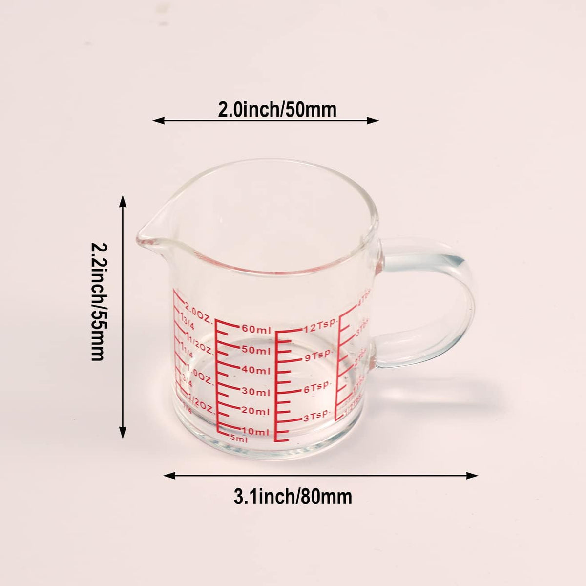 Measure Glass -[Insulated handle | V-Shaped Spout]-Made of High Borosilicate Glass Measuring for Kitchen or Restaurant, Easy to Read, 60 ML (2 Oz) 丨(2 Pack)