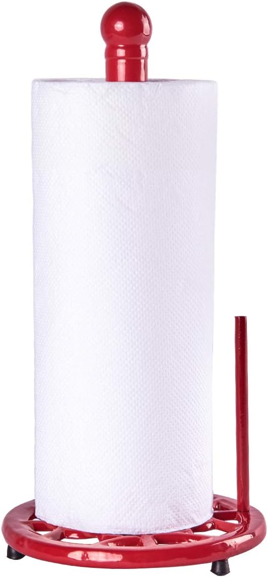 JOGREFUL Paper Towel Holder Stand, Cast Iron Kitchen Paper Towel Countertop Vintage Stand with Weighted-Base, Bathroom Organization for Family Standard Large Size Roll Paper, Classic Style, Red