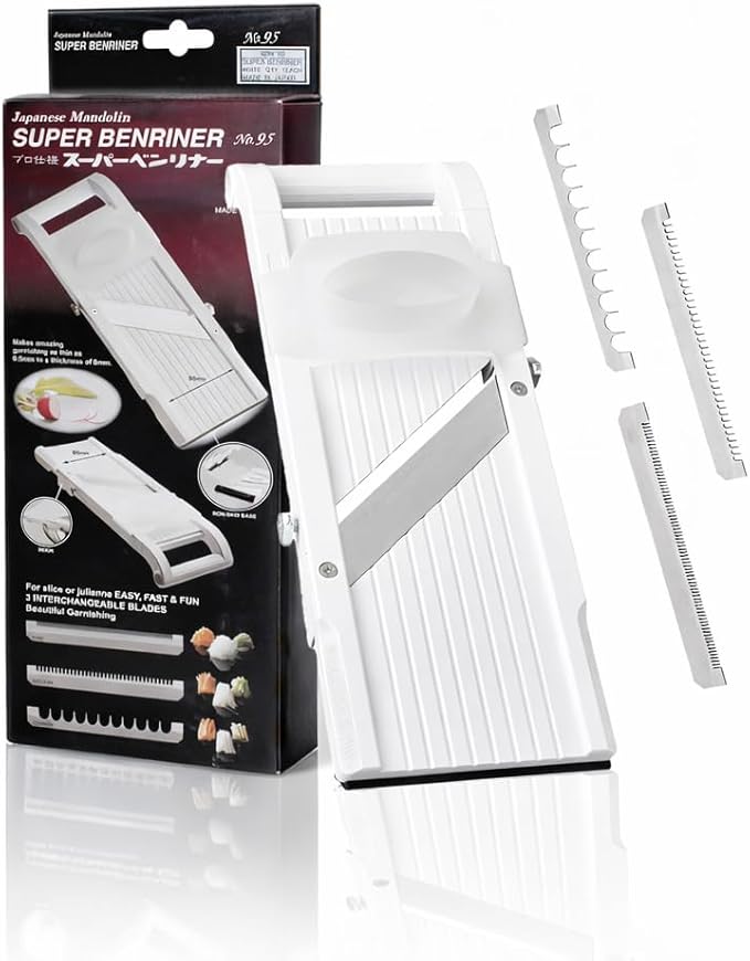 Benriner Mandoline Super Slicer, with 4 Japanese Stainless Steel Blades, BPA Free, 14.5 x 5.25-Inches, Official US Version with Authentic Retail Packaging