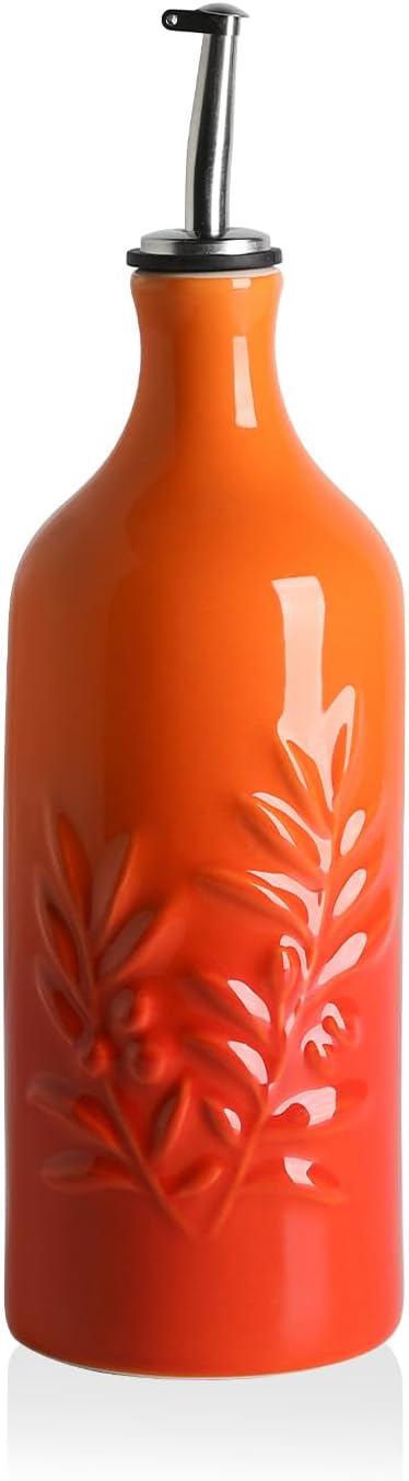 Sweejar Ceramic Olive Oil Dispenser Bottle, 20 Oz Relief Opaque Oil Cruet Protects To Reduce Oxidation, Suitable for Storage Soy Sauce, Coffee Syrup, Liquids, Set of 1 (Gradient Orange)