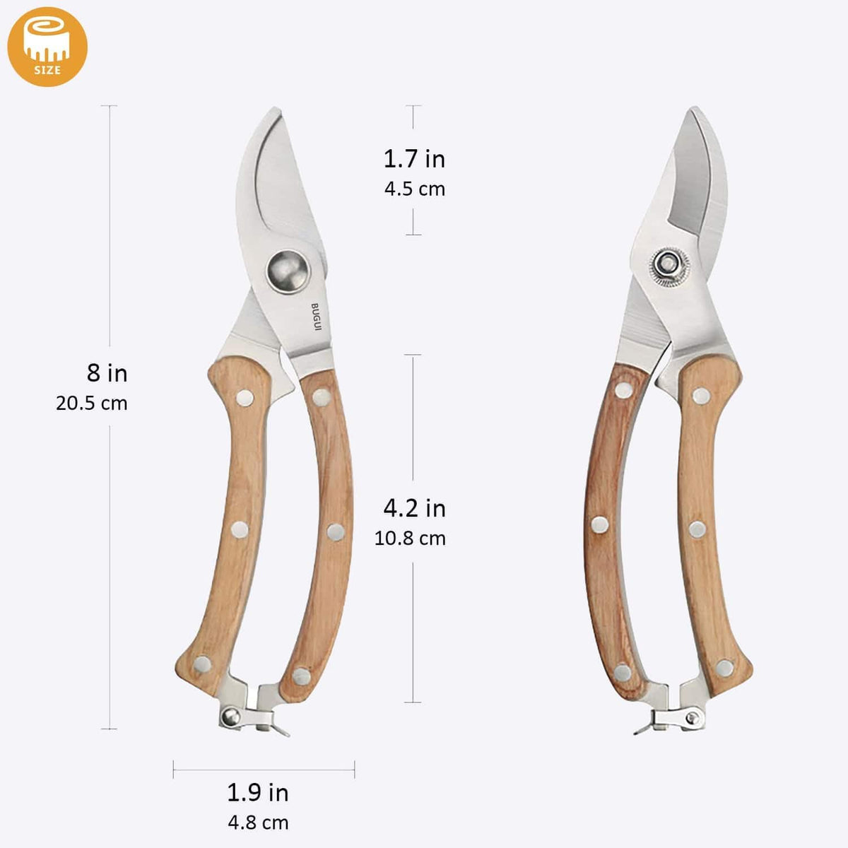 BUGUI Wood Handle Pruning Shears, SK-5 Steel Blade, 1-inch Cutting Capacity, Sharp, Well Designed Garden Shears, 8"