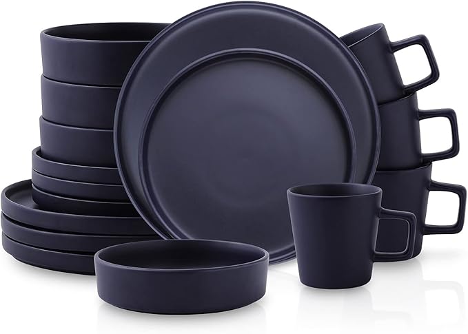 Stone Lain Cleo Modern Stoneware 16-Piece Dinnerware Set, Plates and Bowls Set, Dish Set Service For 4, Dark Blue