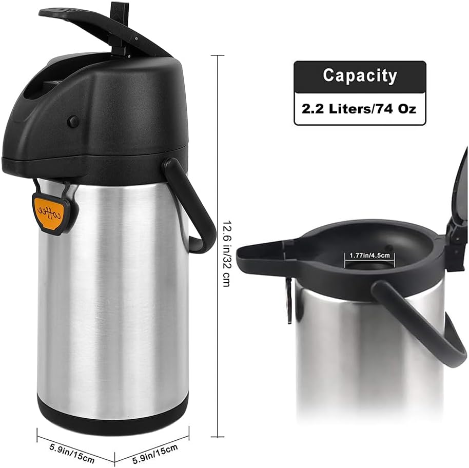 Airpot Coffee Dispenser Thermal with Pump,2.2L/74 Oz Insulated Stainless Steel Large Airpot Coffee Carafe Lever Action for Hot/Cold Water,Thermal Carafes for Hot Cocoa for Parties