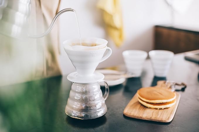 Hario V60 Coffee Pour Over Kit Bundle Set - Comes with Ceramic Dripper, Range Server Glass Pot, Measuring Spoon, and 100 Count Package of Hario 02W Coffee Filters