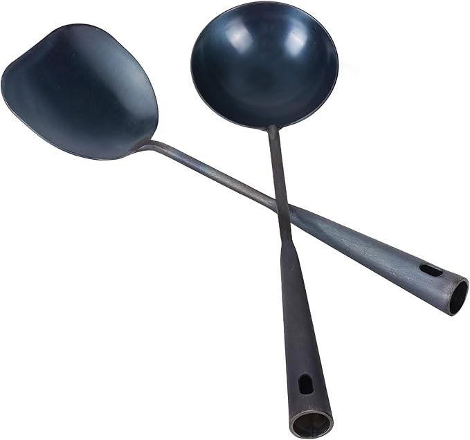 ZhenSanHuan Chinese Traditional HandMade Iron Spatula & Ladle Wok Tool Set,Long wok utensils (Ladle and Spatula Set, 32CM/12.6'')