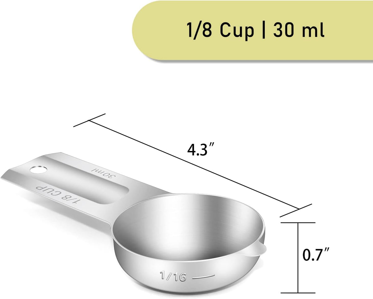 2PCS 1/8Cup (30ml, 1oz) Single Measuring Cup, Stainless Steel Measure Scoop, Metric and US Measurement, Dishwasher Safe