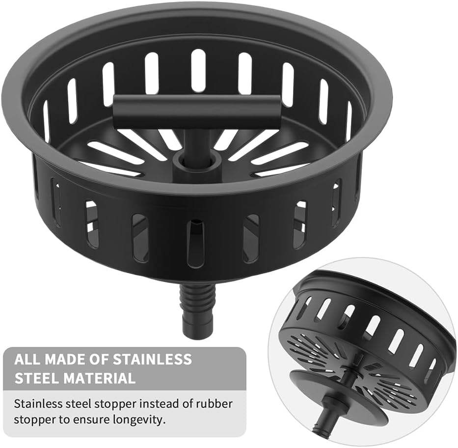 KONE Black Kitchen Sink Drain Matte Black Sink Strainer 3-1/2 Inch Drain Assembly Kit Replacement for Universal 3.5 Inch Kitchen Sink, All Stainless Steel Body with Strainer Basket and Drain Stopper
