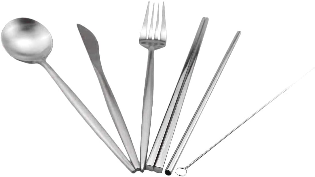 Gugrida Reusable Travel Utensils, 7 Pieces Portable 18/10 Stainless Steel include Knife Fork Spoon Chopsticks Cleaning Brush Straws Portable Pouch, Eco-friendly Camping Silverware Set, Dishwasher Safe