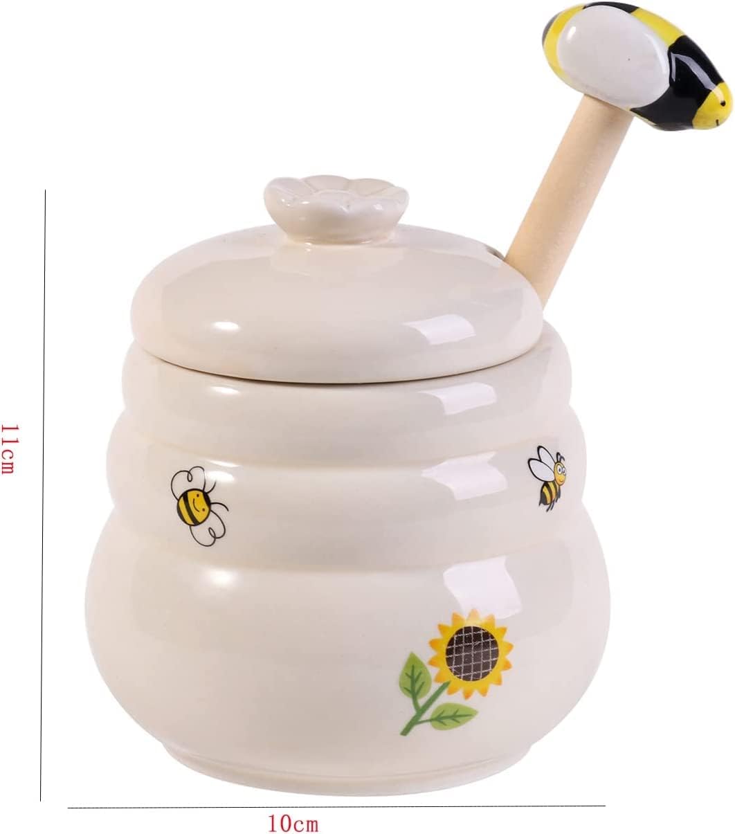 Ceramic Honey Jar with Wooden Honey Dipper-Honey Pot with Dipper- Honey Jar with Stand, Great Bee Decor- Farmhouse Kitchen Decoration (Honey Jar-Bee)