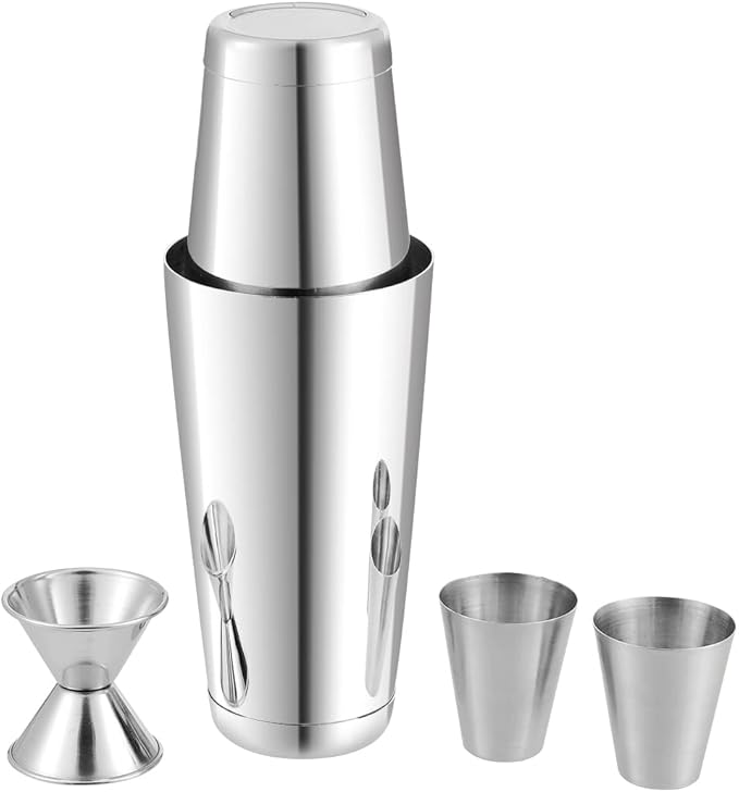 Vinod Stainless Steel Cocktail Set | 17 Piece Bar Accessories Set | 26 Ounce Boston Shaker w/Strainer Rubber Pourers Bar Jigger, Cocktail Spoon & More | Drink Mixer Bar Set | Bartender Kit