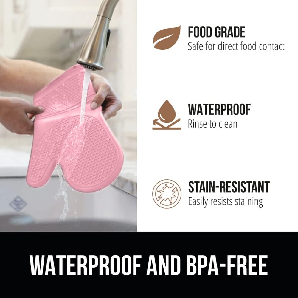 GORILLA GRIP BPA-Free Soft Silicone Oven Mitts and Pot Holders Sets of 4, Heat Resistant Waterproof Cooking Gloves, Thick Cotton Lining, Flexible Gripping for Baking Grilling, Kitchen Trivets, Pink