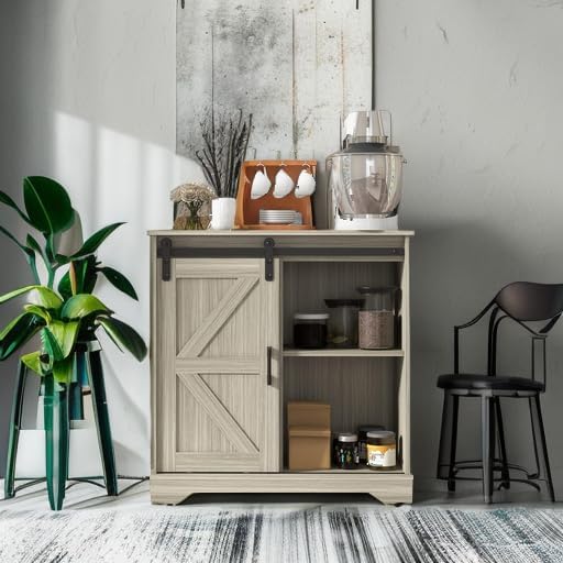 Panana Sliding Barn Door Buffet Sideboard Storage Cabinet Coffee Bar Kitchen Farmhouse Style (Oak)