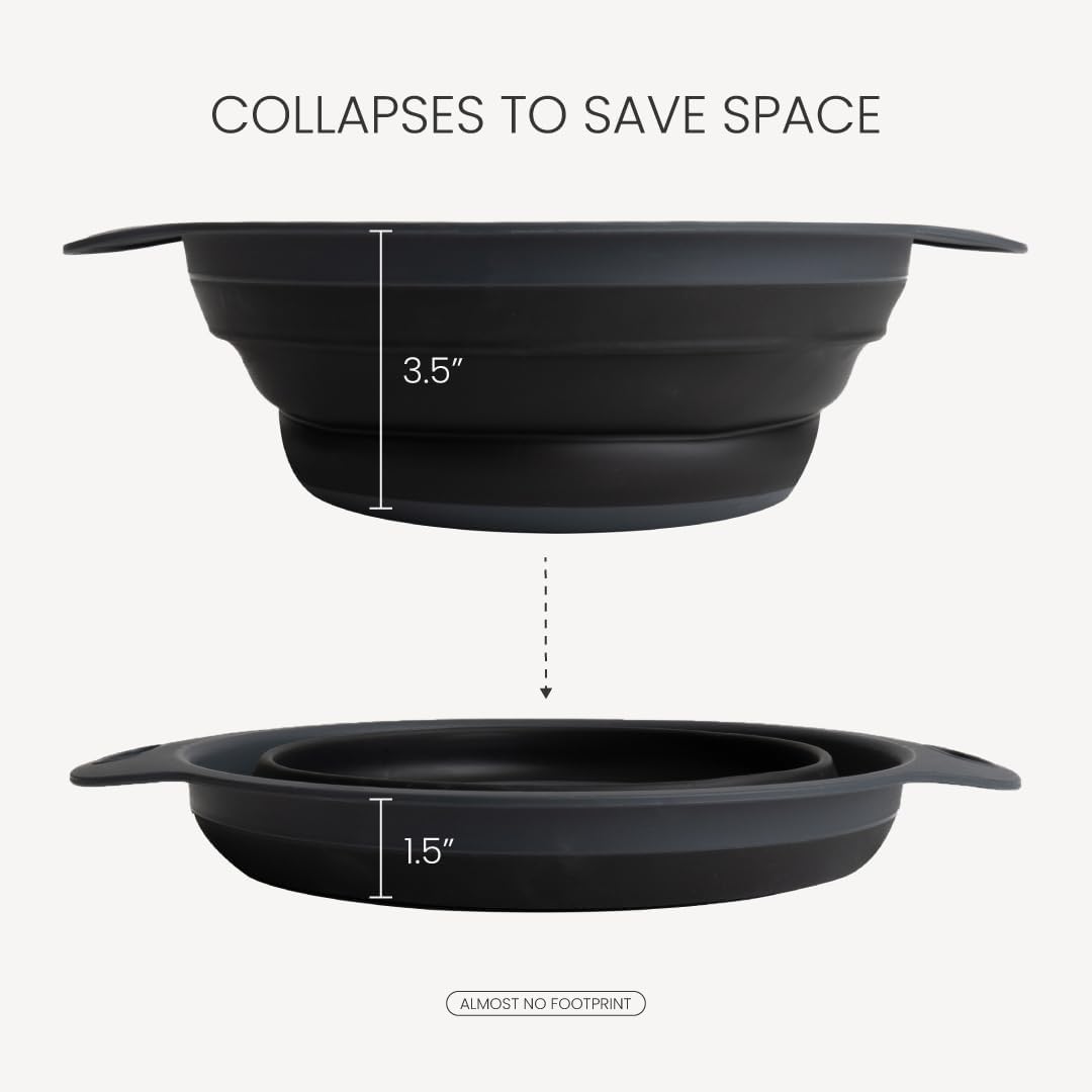 Collapsible Colander | 2-Pack Black Collapsible Strainer for Pasta, Fruits, & Vegetables | Compact Silicone Strainer Ideal for Straining all Sorts of Foods | Strainer for Everyday Use Medium