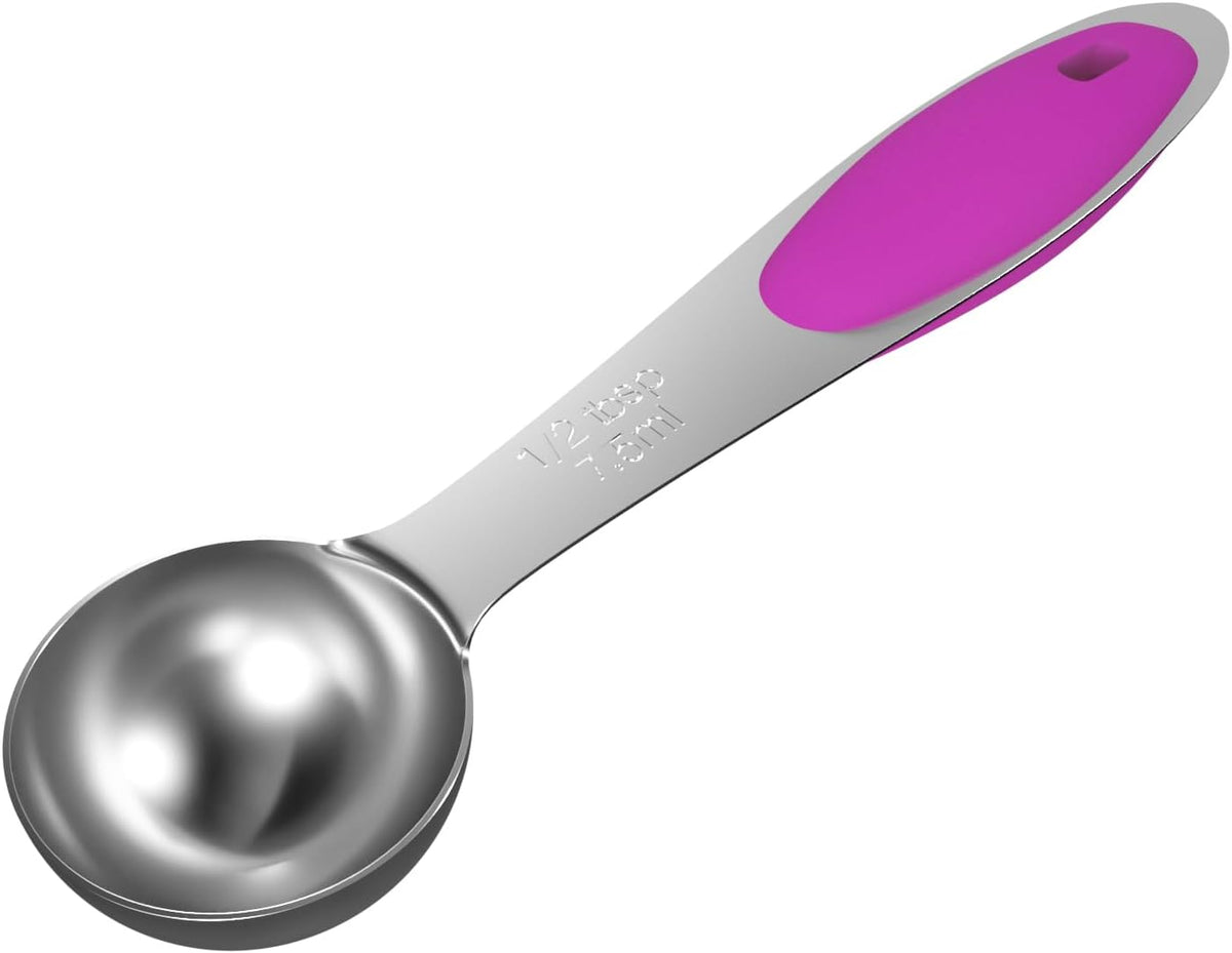 1PCS 1/2 Tbsp(1.5tsp, 1/4oz, 7.5ml) Single Measuring Spoon with Pink Silicone Grip, Stainless Steel Individual Measure Scoop Only