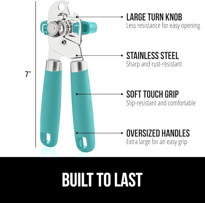 GORILLA GRIP Heavy Duty Stainless Steel Smooth Edge Manual Can Opener and Bottle Openers, Soft Comfortable Handle, Oversized Handheld Turn Knob, US Designed Multifunctional Kitchen Tool, Turquoise