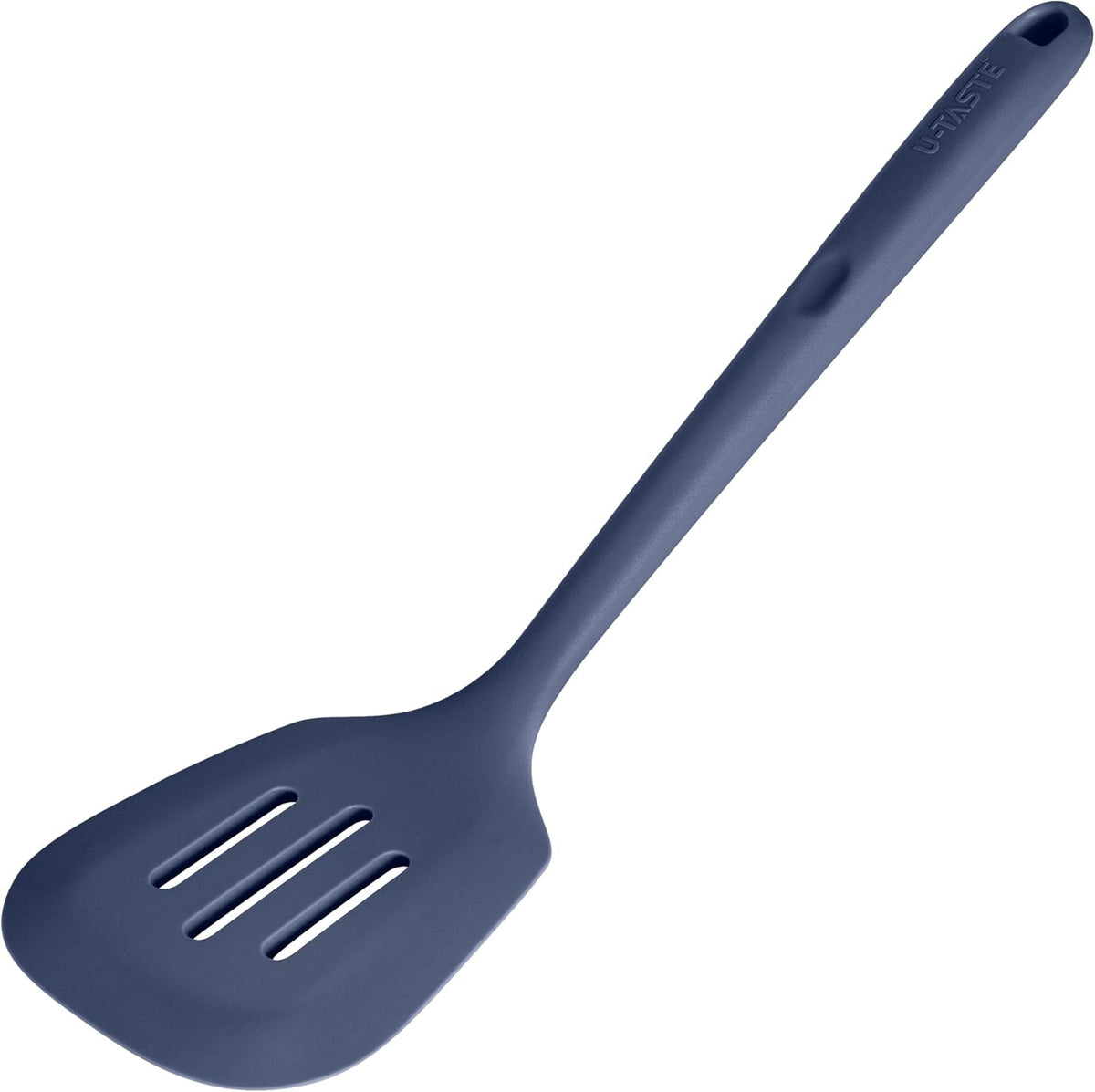 600ºF Heat Resistant Slotted Turner: U-Taste 13.6" Silicone Kitchen Spatula Flipper, 3.74in Wide Food Grade Flexible Rubber Cooking Utensil for Egg, Pancake, Cookie, Nonstick Cookware-Midnight Blue