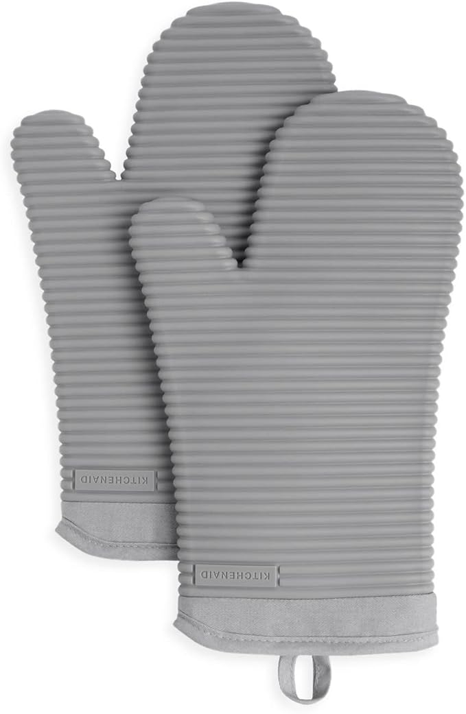 KITCHENAID Ribbed Soft Silicone Oven Mitt 2-Pack Set, 7.5"x13", Grey
