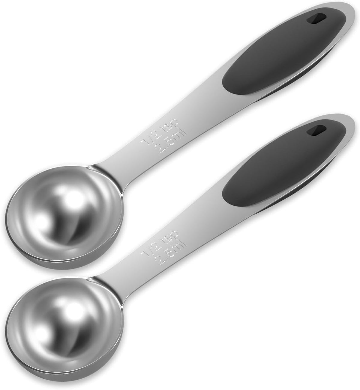 2PCS 1/2 Tsp(1/6tbsp, 2.5ml) Single Measuring Spoon with Black Silicone Grip, Stainless Steel Individual Measure Scoop Only