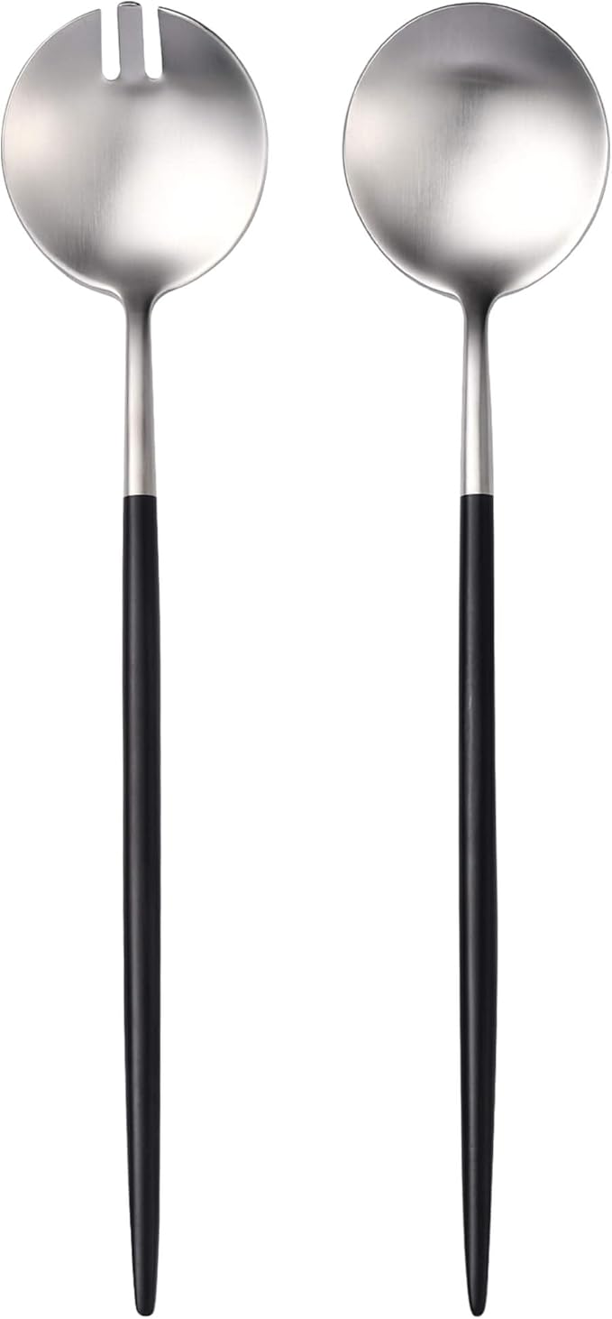 Lemeya Silver Black Salad Serving Utensils,Serving Spoons Stainless Steel,2Pcs Long Handle Salad Servers 11.42 Inch,Salad Utensils for Serving,Matte Finish,Dishwasher Safe